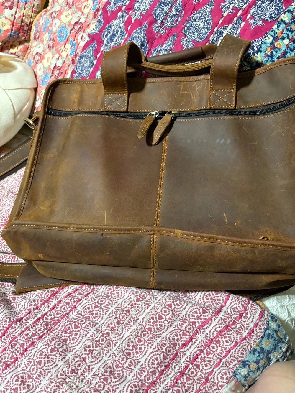 Jack&Chris Classic Brown Leather Laptop Briefcase with Multiple Front Pockets